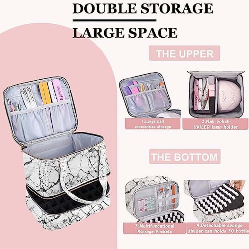 FCQQYWZ Nail Polish Organizer Case - Holds 30+ Bottles (15ml/0.5 fl.oz) and 1 Nail Lamp, Upgraded Double-layer Nail Polish Carrying Case Nail Polish Storage Bag with Handles (WHITE)