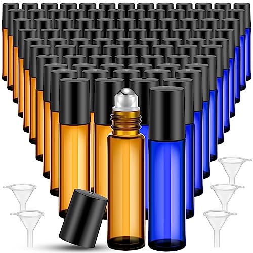 Sumind 150 Pcs Essential Oil Roller Bottles 10 ml Glass Roller Bottles with Stainless Steel Roller Balls Empty Bottles Leak Proof Roll on Bottles with 5 Funnel for Travel Perfume Essential Oil (Amber)