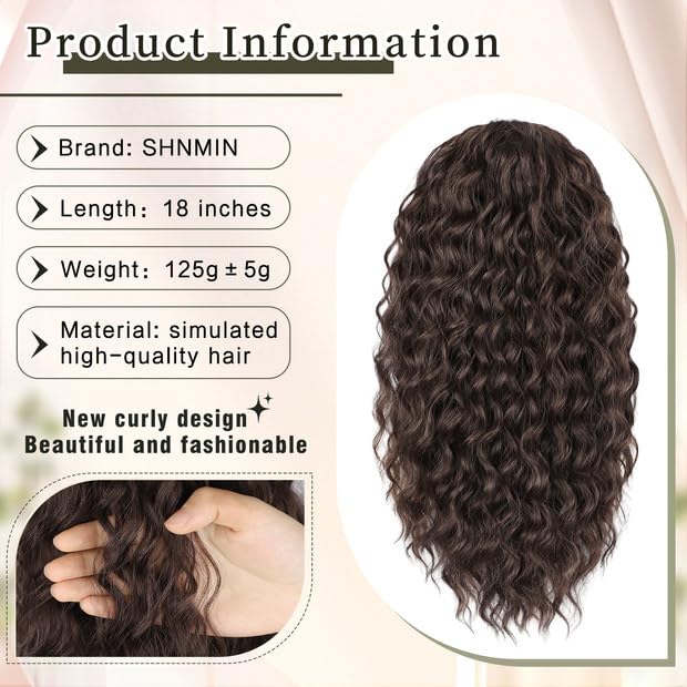 SHNMIN Ponytail Extension, Curly Drawstring Ponytail Extension for Women 18 Inch Curly Wavy Ponytail Yaki Textured Natural Fluffy Synthetic Hairpiece for Daily Use
