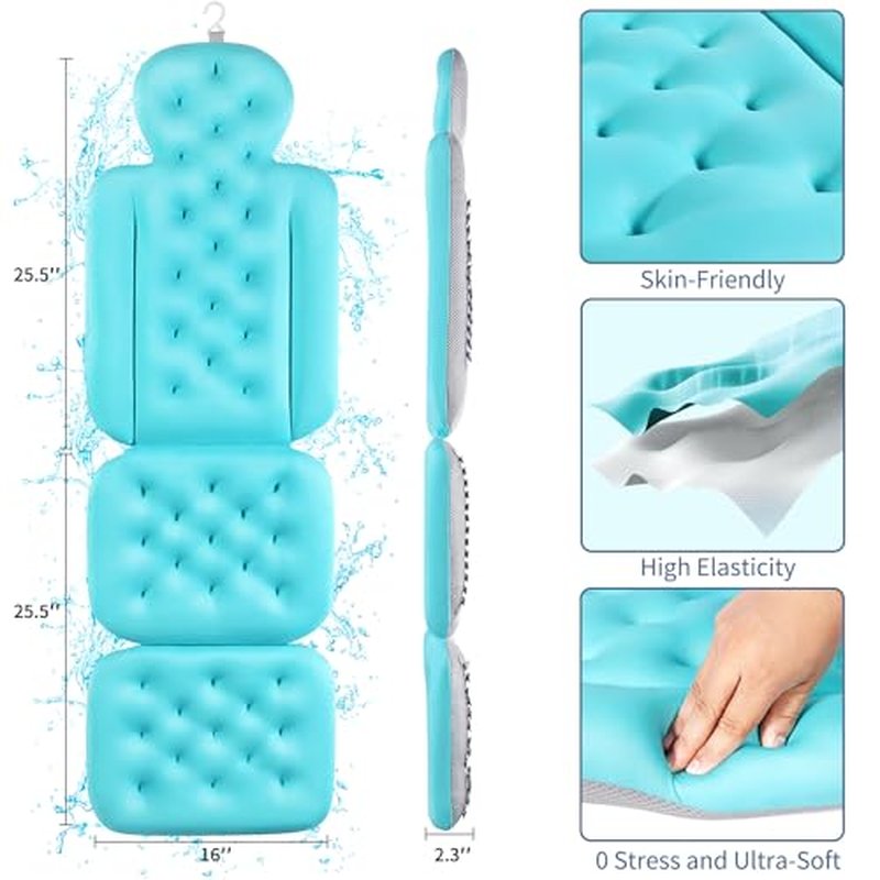 Luxury Bath Cushion, Full Body Bathtub Pillow with 160 Suction Cups, Bath Mat for Head and Neck Support, with Laundry Bag (Blue, 51.2" x 16.2")
