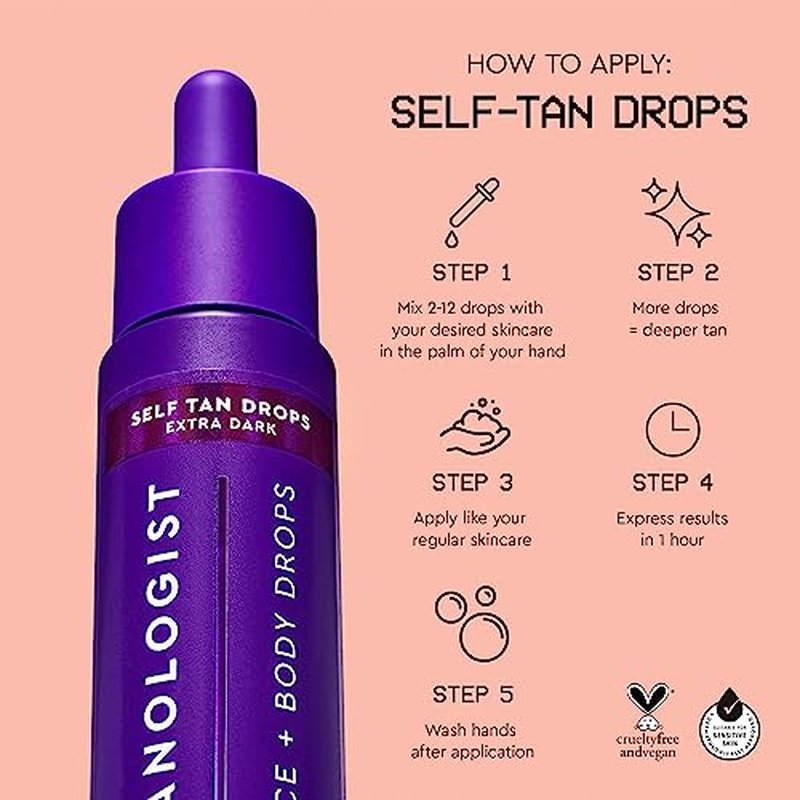 Tanologist Face and Body Self Tan Drops, Extra Dark - Bronzing Drops - Illuminating Self Tanning Drops, Natural Ingredients & Vegan - 1.01 Fl Oz