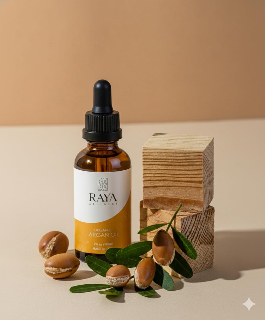 RAYA WELLNESS Organic Argan Oil – 2 fl oz (60 ml) | Cold-Pressed Carrier Oil for Hair & Skin | USDA Organic, Made in USA