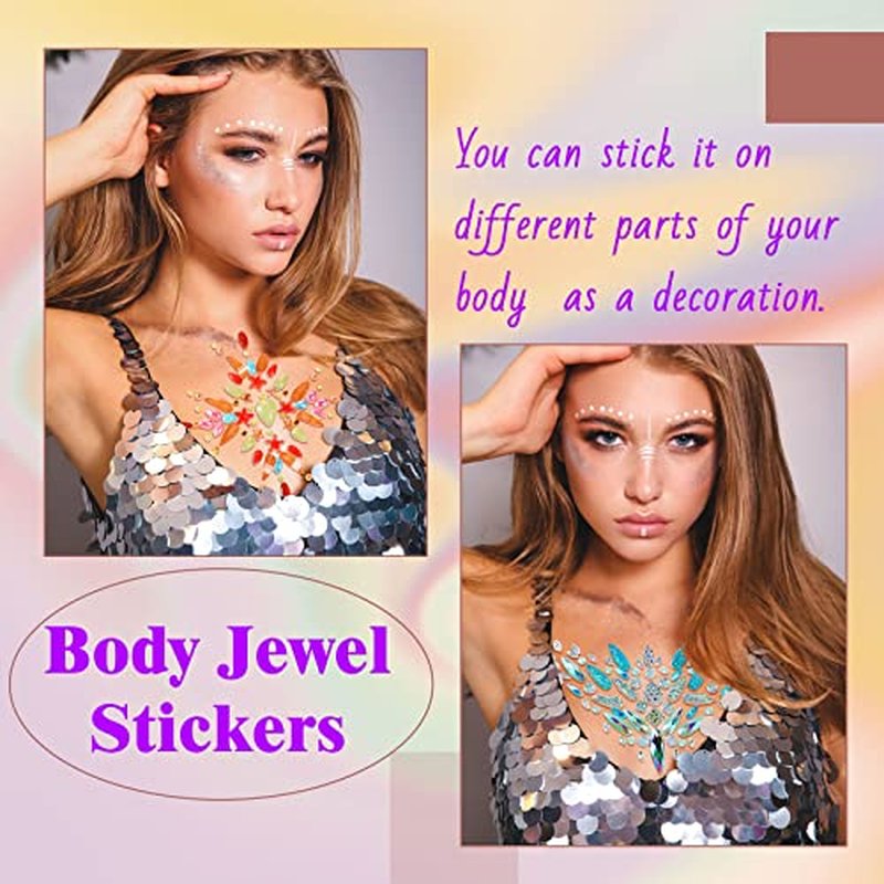 Leelosp 8 Set Halloween Jewels Tattoo Body Gems Rhinestone Sticker with 6 Boxes Chunky Holographic Face Hair Glitter Crystals Face Stickers Jewels for Rave Festival Makeup(Elegant Style)