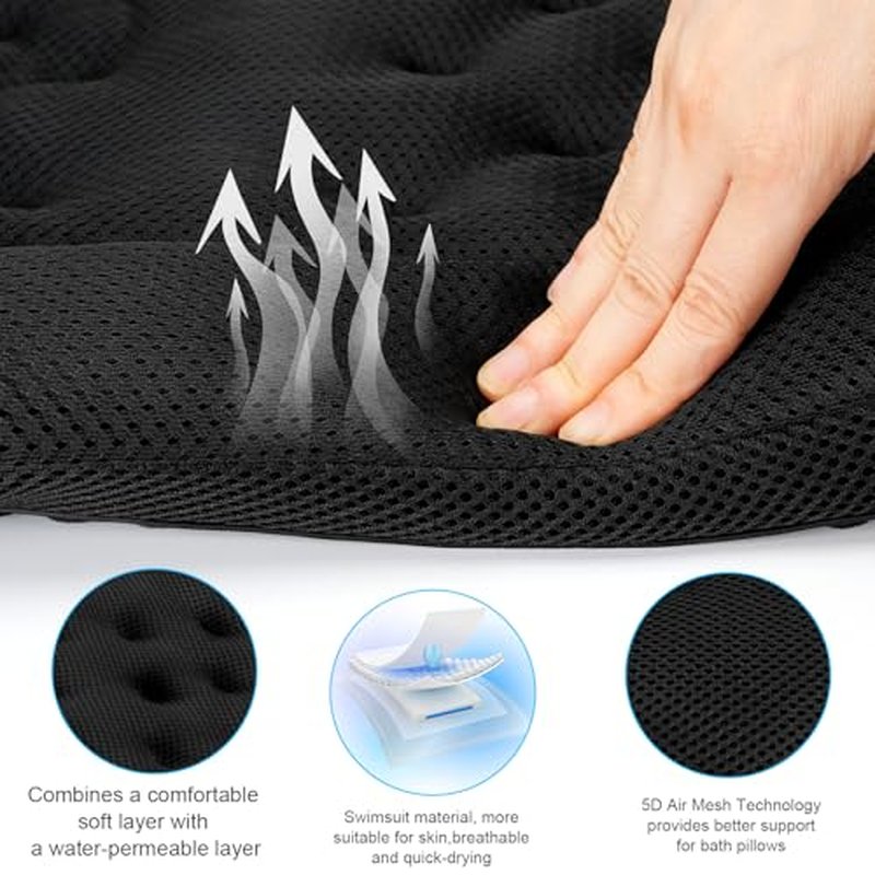 Luxury Full Body Bath Pillow for Bathtub, Bath Pillows for Tub with Mesh Laundry Bag & Non-Slip Suction Cups, Cushion for Bathtub Headrest Neck Back Support - 5D Air Mesh & Quick Drying | Black