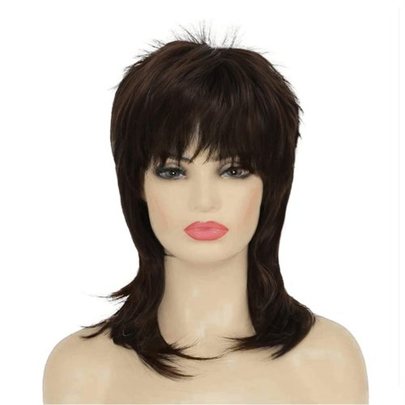 Amnenl Brown Mullet Wig for Women Short Shaggy Layered 70s 80s Rocker Curly Hair Wig for Cosplay Halloween Party Daily Use