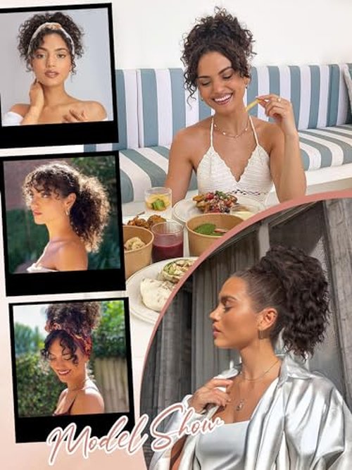 SUZYACCKR Wavy Curly Ponytail Extension, 8 Inch Black Short Soft Natural Synthetic Hairpiece Thick Drawstring Ponytail for Black Women for Daily Use