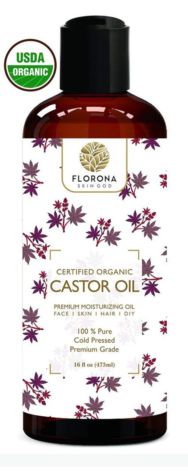 Florona Castor Oil USDA Organic - 16 fl oz for Hair Care, Skin Care, Aromatherapy, Massage