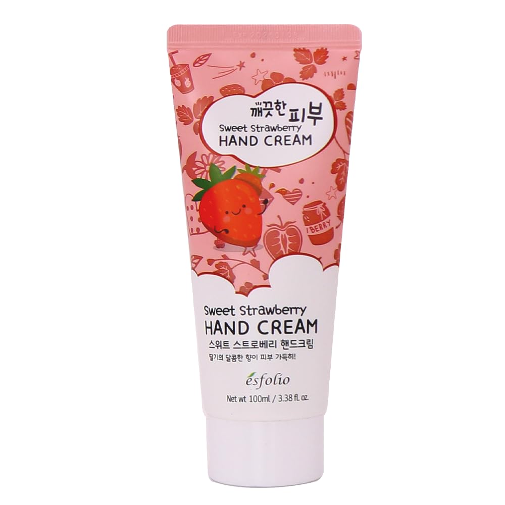 esfolio Sweet Strawberry Hand Cream – Moisturizing Korean Hand Lotion with Strawberry Extracts – Softens, Hydrates & Smooths Dry Skin – Lightweight Non-Greasy Formula (3.38 OZ/100ML)