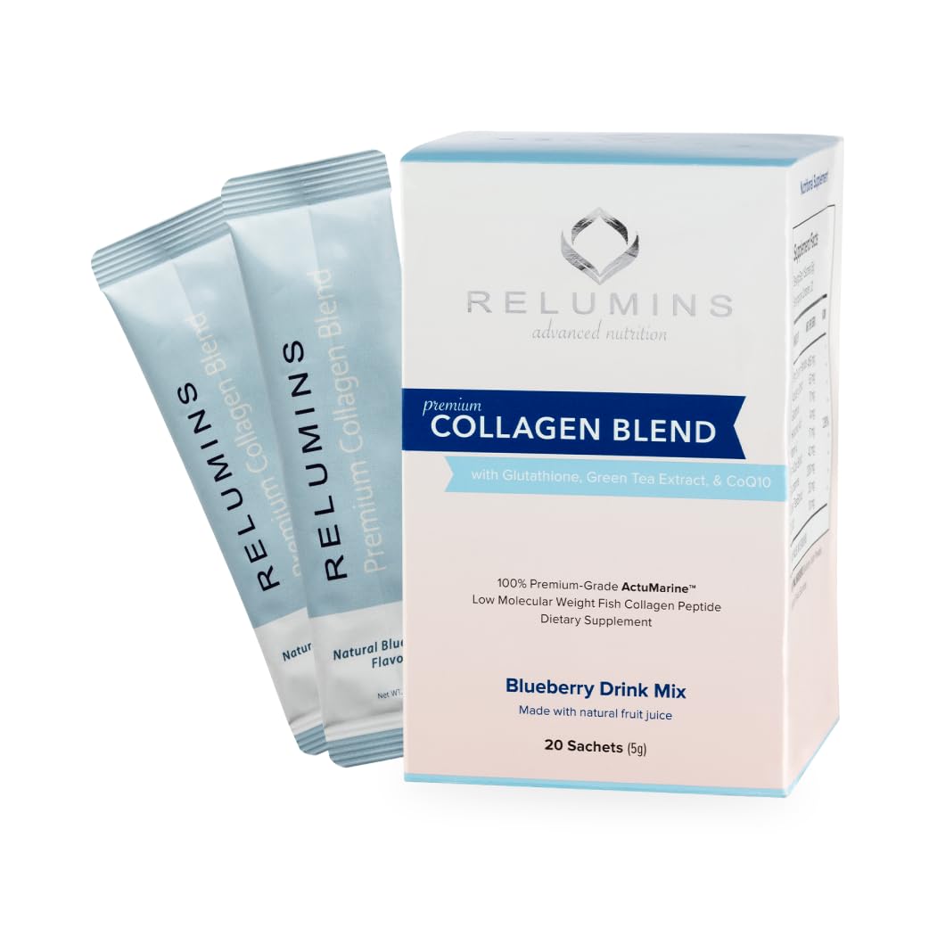Relumins Marine Collagen Drink Mix 5000mg Type I, II, III Peptides with Glutathione, Green Tea, CoQ10 & Hyaluronic Acid for Smooth Glowing Skin - Blueberry Flavor - 20 Sachets + 2 Free