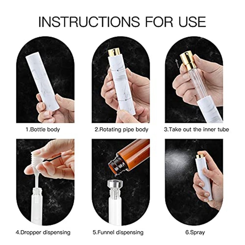 10ML Perfume Atomizer Travel (4 PCS), Refillable Cologne Containers, Dispenser Spray Empty Bottle for Mini Sprayer Size (Black&Pink&White&Blue, Marble)