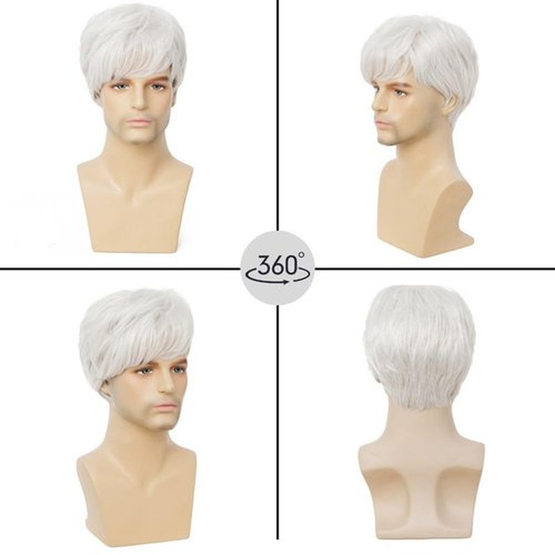Dai Cloud White Short Mens Wig with bangs Layered Synthetic Hair Daily Wigs for Male Use