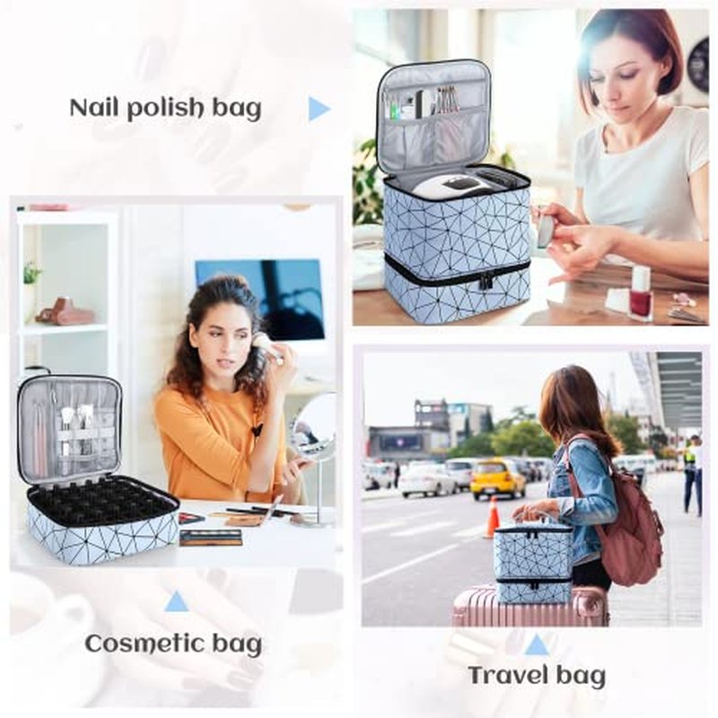 Nail Polish Organizer Case,Fingernail Polish Travel Organizer with Handle, Holds 30 Bottles,1 Led Nail Lamp & Nail Art Supplies,Double Layer Nail Polish Carrying Case with Detachable Interior(Blue)