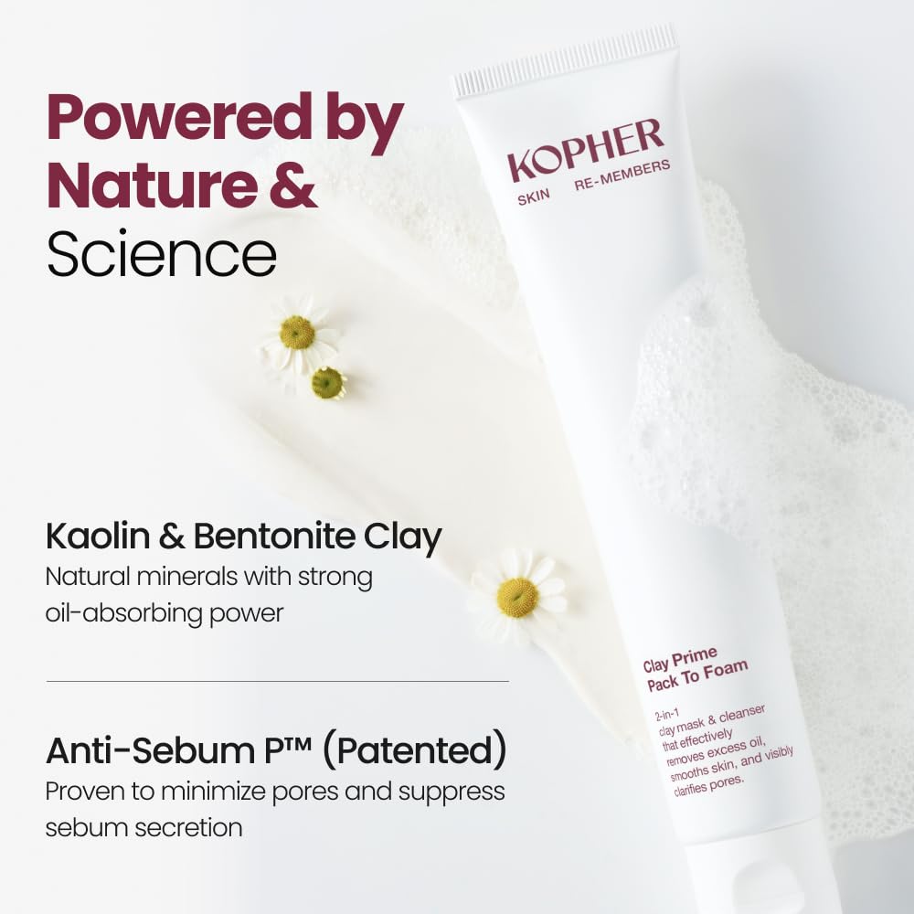 Kopher Clay Prime Pack to Foam [4ever Edition] Facial Cleanser: Hydrating & Purifying Cleanser for Sensitive Skin - Makeup Remover, pH Balanced, Korean Skincare (2.7 fl.oz.)