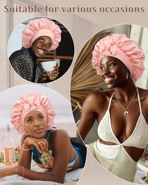 Reversible Satin Bonnet for Sleeping Women Silk Bonnet Double Layer Hair Bonnet with 2PCS Hair Scrunchies Elastic Tie Band Night Cap Hair Wrap for Natural Curly Hair (Apricot Powder+Champagne)