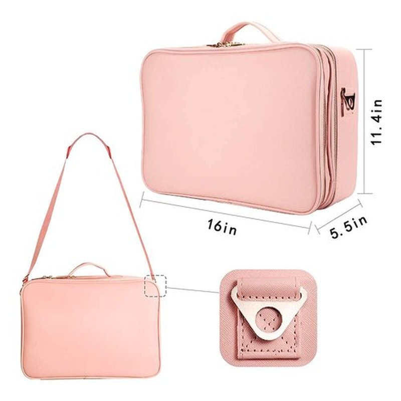 gzcz Travel Makeup Case Large Capacity Cosmetic Case Organizer 16 Inches Waterproof Portable Artist Makeup Storage Bag with Adjustable Dividers and Shoulder Strap for Makeup Brushes Jewelry, Pink