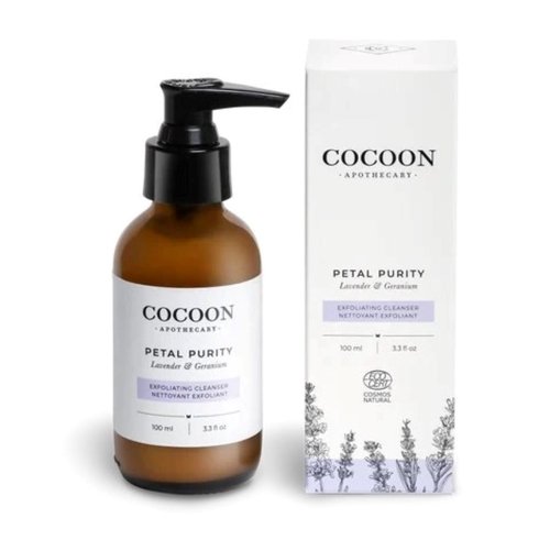 COCOON APOTHECARY Petal Purity Exfoliating Cleanser, Ecocert Cosmos Natural, Gentle Exfoliation, Purify, Soften, Dry/Normal Skin, Coconut Oil, Almond Oil, Lavender, Geranium, 3.3 fl oz