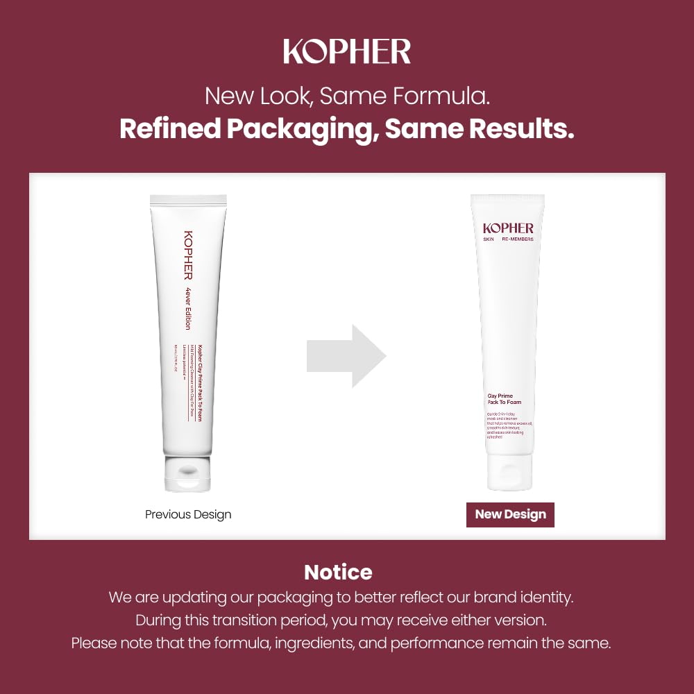 Kopher Clay Prime Pack to Foam [4ever Edition] Facial Cleanser: Hydrating & Purifying Cleanser for Sensitive Skin - Makeup Remover, pH Balanced, Korean Skincare (2.7 fl.oz.)
