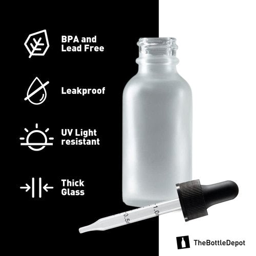The Bottle Depot - 2 Pack - 1 oz Glass Bottle with Dropper - Clear Frosted - 20-400 Neck Finish - Boston Round Bottles - Leakproof Essential Oils Bottles