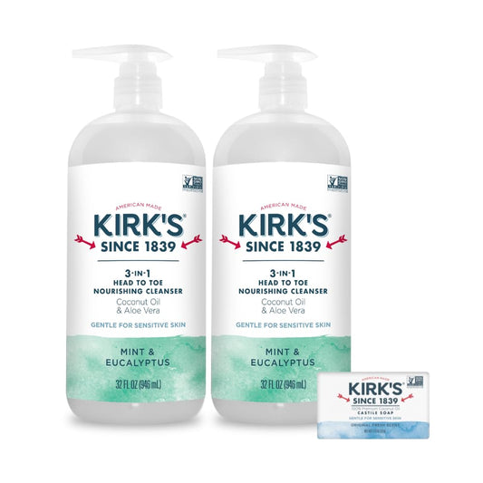 Kirk's 3-in-1 Head to Toe Nourishing Liquid Cleanser & Travel Size Bar Soap - for Men, Women & Children - Premium Coconut Oil & Aloe Vera- Non GMO & Vegan -Mint & Eucalyptus - 32 Fl Oz. 2 pack