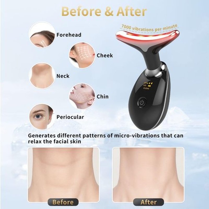 Facial Beauty Device, Multifunctional Facial Skin Care Tools with Vibration, Red and Blue LED Light, 7 Color Led Face and Neck Beauty Device for Home Use, Improve Skin