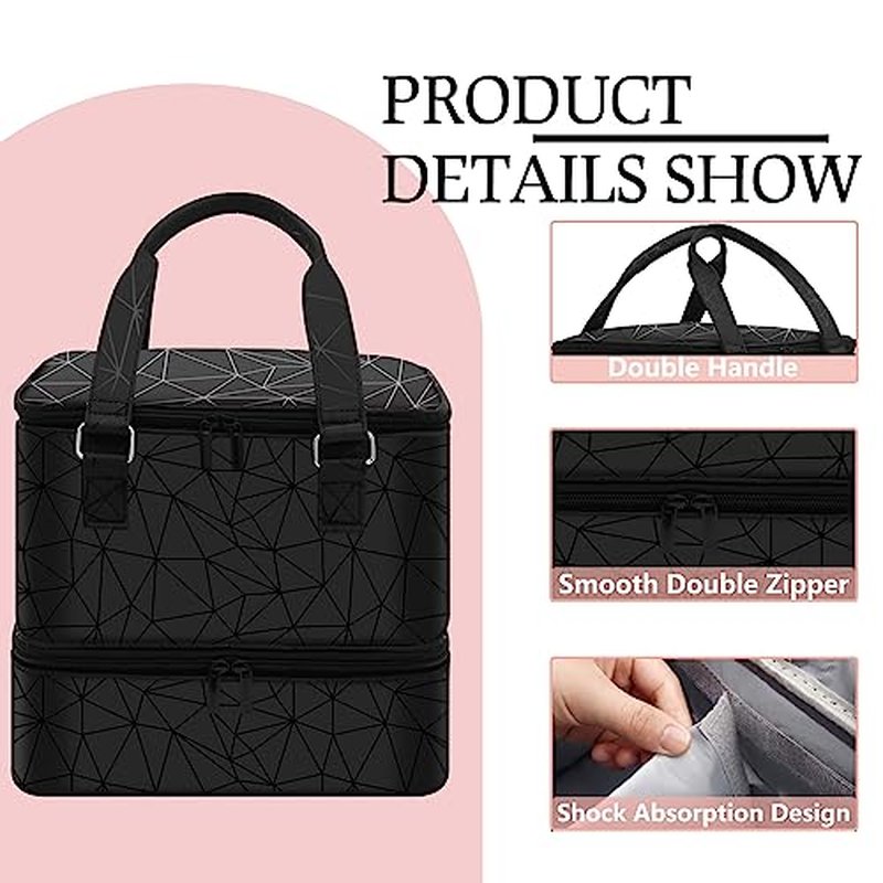 FCQQYWZ Nail Polish Organizer Case - Holds 42+ Bottles (15ml/0.5 fl.oz) and 1 Nail Lamp, Upgraded Double-layer Nail Polish Carrying Case Nail Polish Storage Bag with Handles (Black)