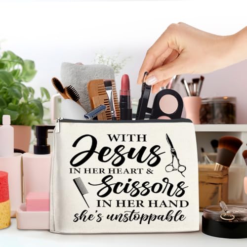 Hair Stylist Gifts for Women Cosmetic Bag - Hairstylist Gift Small Makeup Bag - with Jesus in Her Heart and Scissors in Her Hand Zipper Makeup Pouch (1Pcs)