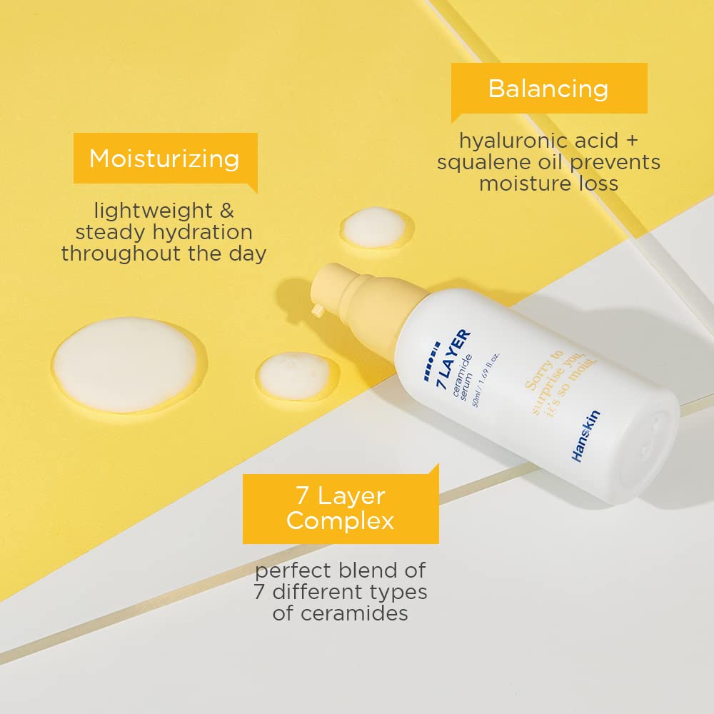 Hanskin 7 Layer Ceramide Serum, Light Finish, 1.7 fl. oz, 50ml, Moisturizes Dry Skin, For All Type, Sensitive Skin, Redness, Boosting Calming Ampoule, Serum