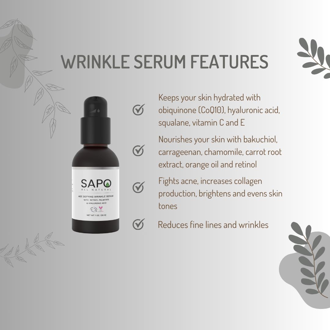 Sapo All Natural Smoothing Face Serum with Bakuchiol, Hyaluronic Acid, Squalane & Retinyl Palmitate, Lightweight Anti-Aging Serum, 1 oz