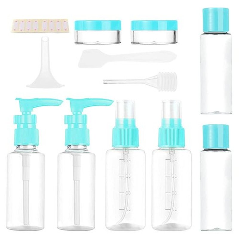 Vitog Travel Bottles Kit, TSA Approved Leak Proof Portable Toiletry Containers Set, Clear flight size PET Cosmetic Containers for Lotion, Shampoo, Cream, Soap, Set of 11 (Blue+Plastic)