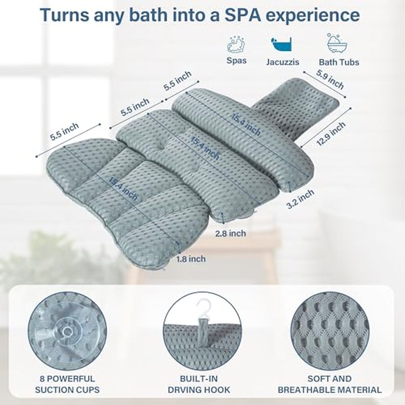 Bath Pillow Bathtub Pillow for Tub Luxury Bath Tub Pillows for Tub Neck and Back Support with Soft Mesh Fabric and 8 Strong Powerfull Non-Slip Suction Cups Relaxing Bath Accessories Spa Gifts, Grey