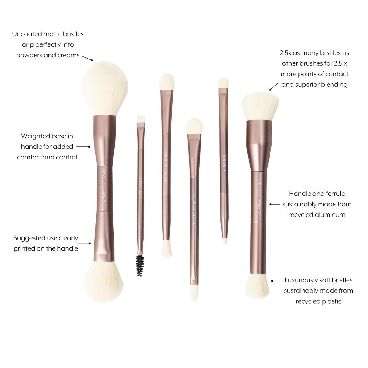 Jenny Patinkin Makeup Brushes, 6 Luxury Dual Ended, Professional & Travel Makeup Brush Set with White Leather Case, 2.5x More Vegan, Soft Bristles for Full Face Flawless Application.