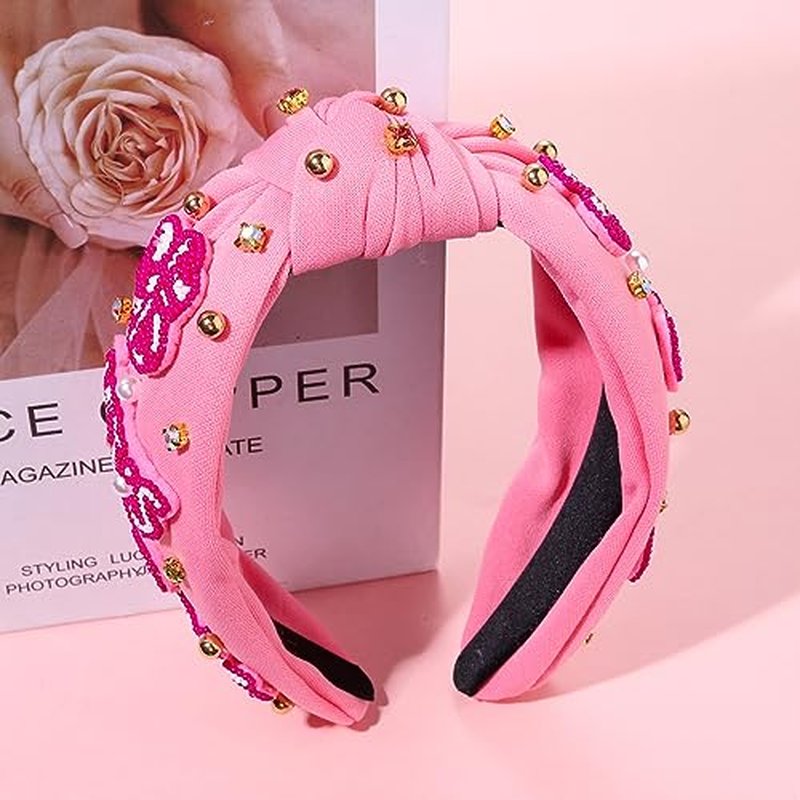 NVENF Western Knotted Headband, Hot Pink - Cowgirl Headbands with Rhinestone Crystal Knotted Headbands, Cowboy Boot Beads Embellished Headbands, Western Accessories for Women