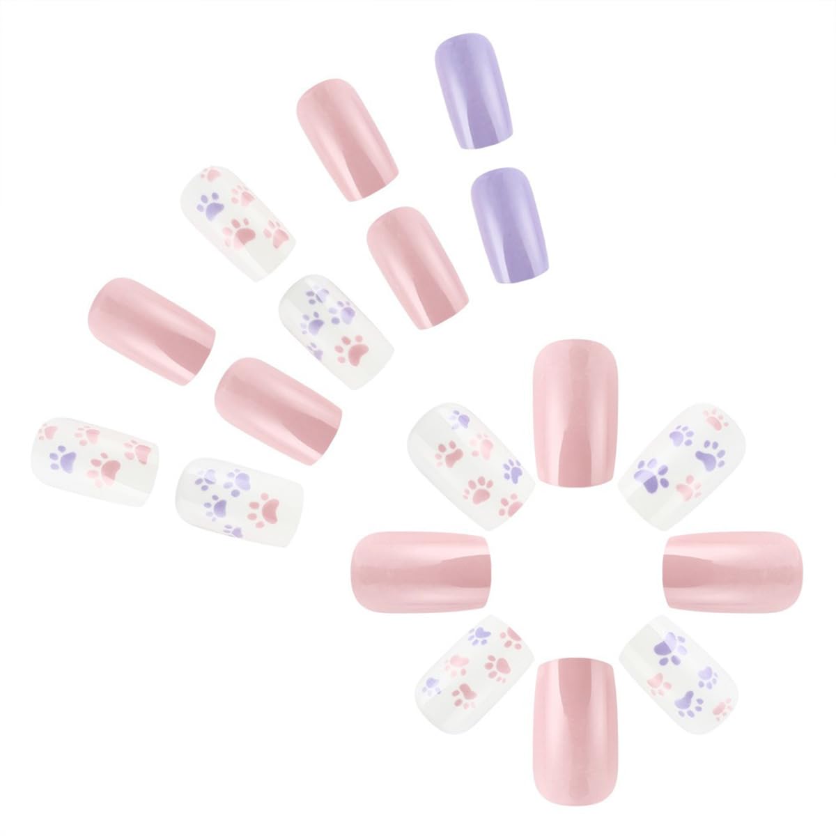 24Pcs Cute Press on Nails Square Short Fake Nails Solid Color Glue on Nails Cat Claw False Nails with Designs Valentine's Day Acrylic Nails Glossy Artificial Stick on Nails for Women Girls