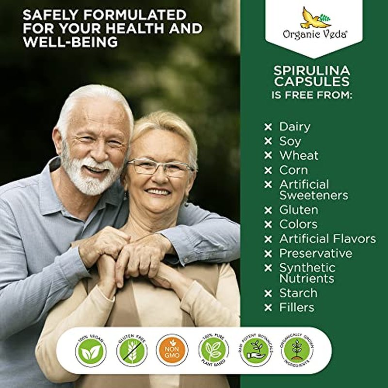 Organic Veda Spirulina Capsules, 1500mg - Green Superfood Dietary Supplement - Organic Blue-Green Algae Packed with Nutrients, Vitamins, Amino Acid, & Antioxidant - Vegan, Gluten-Free - 300 Count