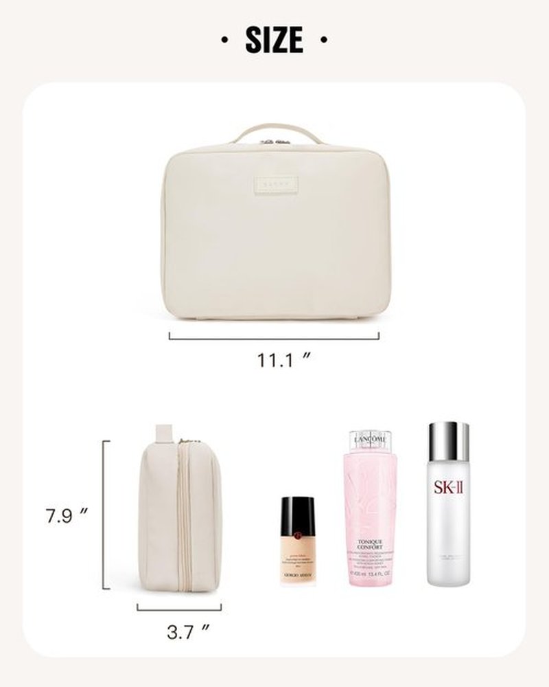 EACHY Toiletry Bag with Hanging Hook, Travel Makeup Bag PU Leather Cosmetic Bags for Women Make Up Organizer with 4 Compartments Waterproof Full-Size Portable Travel Essentials (Berige)