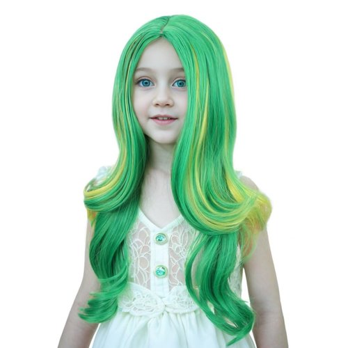 Ufindcos Green Mixed Yellow Wig for Kids Long Colorful Wig Long Wavy Curly Child Wig Green Mixed Yellow Wig for Girls Middle Part 22 inches Natural Synthetic Wig with Wig Cap