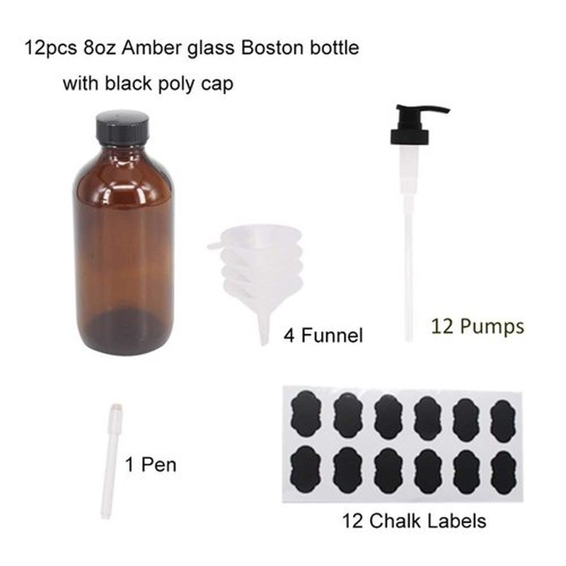 BPFY 12 Pack 8 oz Amber Glass Bottles with Pumps for Essential Oils, Cleaning Products, Lotions, Aromatherapy Oil, Pump Bottles, Refillable Containers With Cap, Funnel, 12 Chalk Labels, 1 Pen