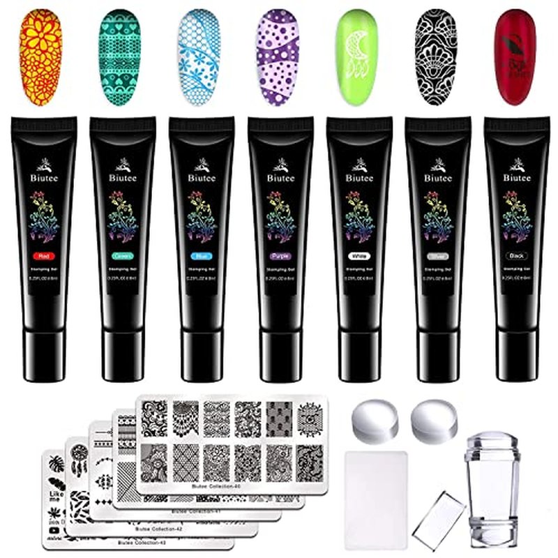 7 Colors Nail Stamping Polish Gel Nail Stamper Kit with 5pcs Nail Stamping Plates for Nails Art Stamp Beginners Kit