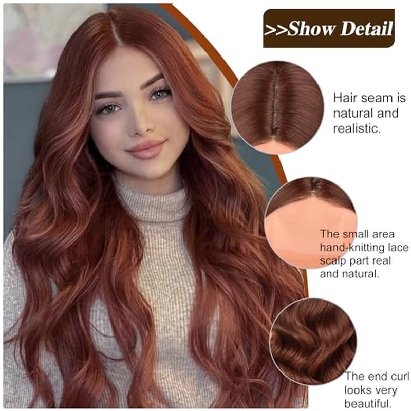 TOZIKA Red Wig Long Copper Red Auburn Wig for Black Women 26 Inch Wavy Wig Natural Looking Synthetic Middle Part Curly Wavy Wig for Daily Party Use Heat Resistant Fiber Wig
