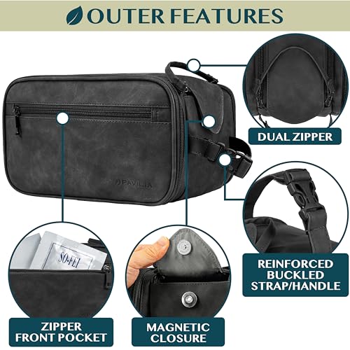 PAVILIA Toiletry Bag for Men Women, Mens Travel Bag Toiletries Organizer Case for Grooming, Travel Essentials Shaving Dopp Kit, PU Leather Water Resistant Cosmetic Pouch, Black