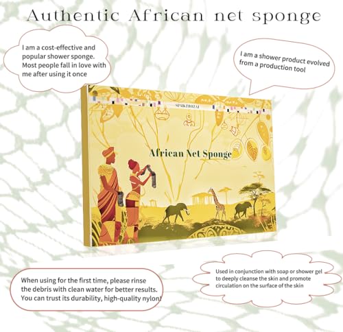 SPMKTBOZAI African Net Sponge Authentic, 2 Pieces African Exfoliating Sponge Real African Net Black Owned, African Bath Sponge Back Scrubber, Body Exfoliator Shower Bath Accessories (Black, Orange)