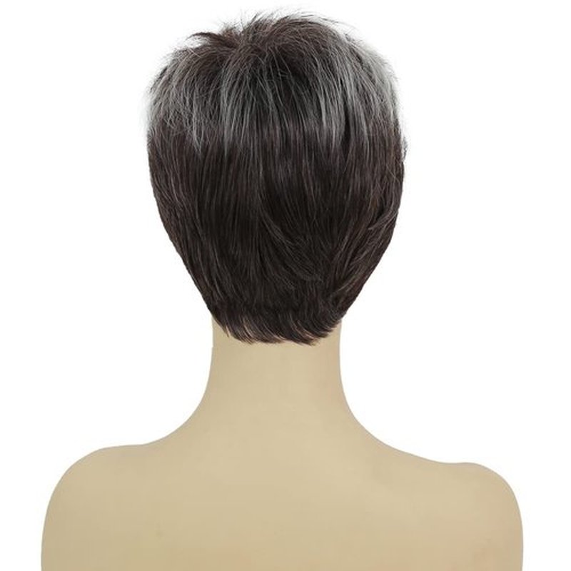 Kaneles Short Grey Pixie Cut Wigs for Women Layered Soft Fluffy Old Lady Synthetic Wigs for Daily Party Costume Use（Gray Mix Brown）