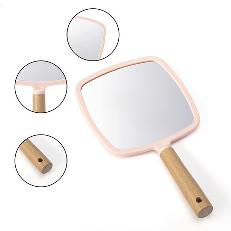 YEAKE Hand Held Mirror with Handle for Makeup,Small Cute Wood Hand Mirror for Shaving with Hole Hanging Single-Sided Portable Travel Vanity Mirror for Men&Women(Square,Pink,1Pack)