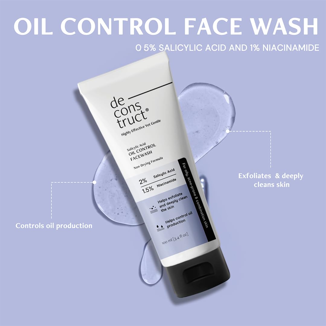 Deconstruct Oily Skin Essentials: Salicylic Oil Control Face Wash Cleanser & Spf 50+ Gel Sunscreen | Oil Control Face Wash (100Ml) And Gel Sunscreen (50 G)| Pack Of 2