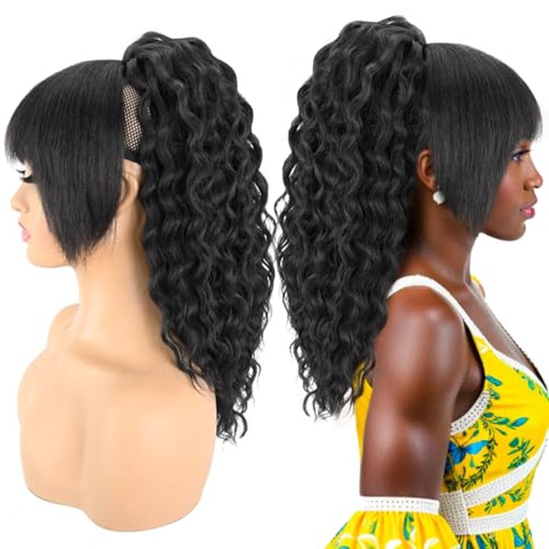 Rafabcici Ponytail Extension with Bangs,Yaki Curly Drawstring Ponytail Extension for Women 20 Inch Long Wavy Layered Pony Tails Hair Extensions Synthetic Clip in Ponytail Hairpiece for Women(BUG)