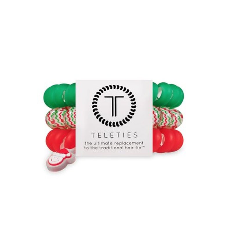 TELETIES - Large Spiral Hair Coils - Holiday Collection - Ponytail Holder Hair Ties for Women - Phone Cord Hair Ties - Strong Grip, No Rip, Water Resistant, No Crease - 3 pack - Santa Baby