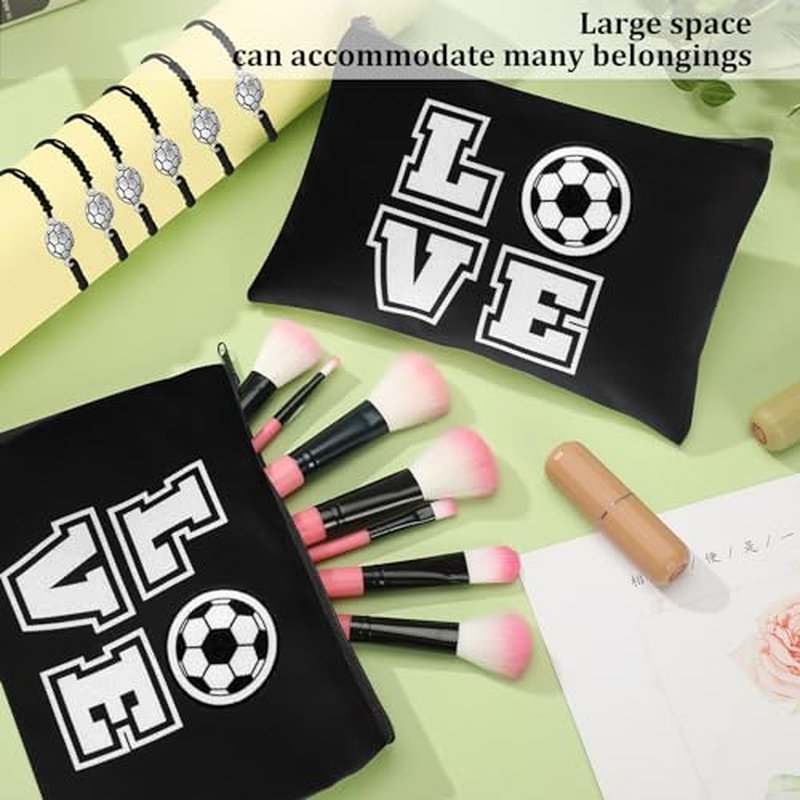Sweetude 24 Pcs Soccer Gifts 12 Pcs Soccer Makeup Bag 12 Pcs Adjustable Soccer Bracelet Soccer Accessories Gifts for Team Players Soccer Birthday Party Favors Supplies Travel Charms(Black)