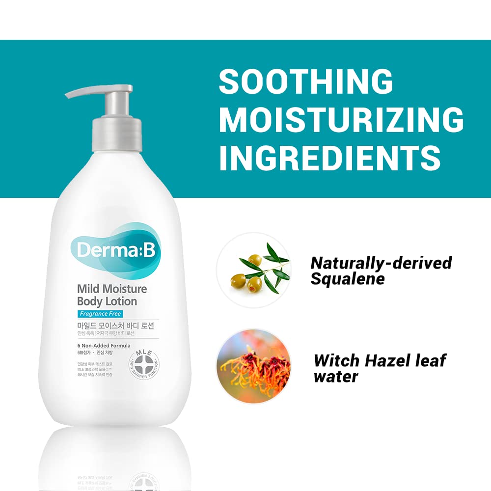 Derma B | Mild Moisture Body Lotion | Body Moisturizer for Sensitive Skin | Body Lotion for Extremely Dry Skin | Non-Irritating | Unscented Fast-Absorbing Cream | Korean Skincare | 13.5 fl oz (400ml)