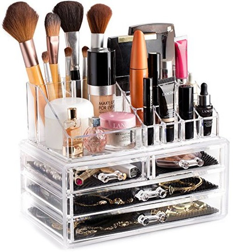 Masisrs Clear Makeup Organizer - Cosmetic Storage Organizer - 16 Compartments - Easily Sort Make Up & Jewelry - 4 Drawer Vanity Organizer - Elegant Look - Transparent Design - Makeup Holder