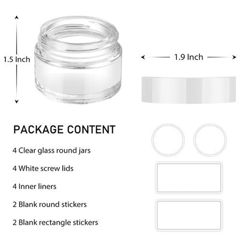 4 Pack 1oz Small Glass Containers with Lids, Tecohouse Glass Jars with White Lids & Inner Liners, Mini Travel Toiletries Container for Slime, Makeup, Cream, Lotion, Cosmetic